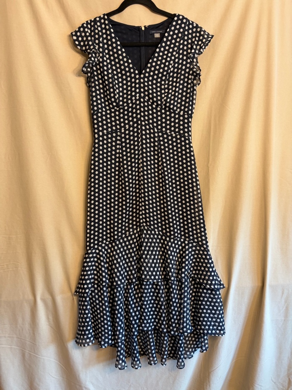 Tommy Hilfiger Navy and White Polka Dot High-Low Dress Ruffles